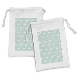 Ambesonne Teal and White Fabric Pouch Set of 2, Cartoon Style White Fluffy Clouds in the Clear Summer Sky Doodle Pattern, Small Drawstring Bag for Toiletries Masks and Favors, 9" x 6", Seafoam White