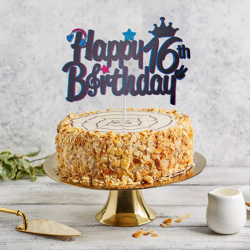 Decoración para tarta de música de 16 cumpleaños con purpurina,