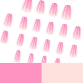 Short Press on Nails Pink Ombre Fake Nails Short Coffin Glue on Nails Glossy False Nail French Tip Stick on Nail Nature Reusable Artificial Acrylic Full Cover Nail for Women Manicure 24Pcs