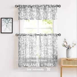 Grey White Kitchen Curtains 36" Short Café Curtain Set for Windows Leaf Print Tiers 2 Panels