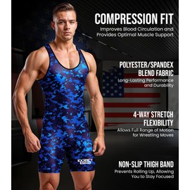 Exxact Sports Digital Camouflage Men's Wrestling Singlet, High-Performance Powerlifting Singlet, Wrestling Singlets for Men (A2XL, Blue Camo)