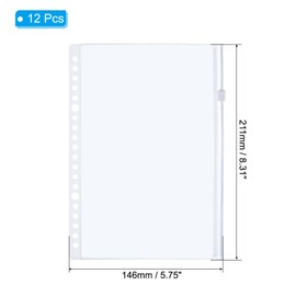 PATIKIL A5 Binder Pockets, Set of 12 PVC Zippers, 20 Holes Binder Pouches for Folders, Documents, Waterproof, Filing, Storage, Loose Leaf Bags, 20 Ring Notebook Binders, Clear