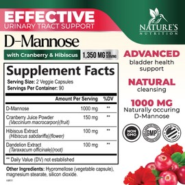 Nature's Nutrition DMannose Pills with Cranberry 1350mg Advanced Formula - Effective Natural Bladder, Urinary Tract Health Support, Flush Impurities - D Mannose Supplements for Women & Men, Non-GMO, Vegan - 180 Capsules