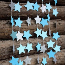 Fascola 13Feet Five-pointed Star String Paper Garland Hanging Decoration Wedding Birthday Party Baby Shower Background Decorative,Pack of 2 (Blue Silver)