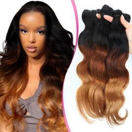 Elailite Human Hair Bundles Weaves Curly Body Wave Real Remy Hair Extensions Weft - Ombre #1B/33/27 Natural Black/Dark Auburn/Dark Blonde (12 Inch,1 Bundle 100g)