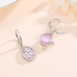 REDSUN Pink Gemstone Earrings for Women 925 Sterling Silver Tear Earrings Filigree Drop Earrings with Zirconia Buckle Jewellery for Women Girls, Silver, Cats Eye