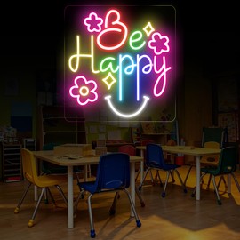 Be Happy Neon Sign, Positive Classroom Decor LED Light for Teacher Room