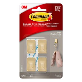 Command - Ganchos metálicos pequeños de color latón, 4 ganchos y 5 tiras de comando, ganchos de pared sin daños con tiras adhesivas, ganchos adhesivos sin herramientas para colgar la decoración del