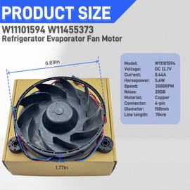 W11455373 W11101594 WRQA59CNKZ Refrigerator Evaporator Fan Motor for Whirlpool Refrigerator, Replace 4977860 AP6989182 PS16218013 EAP16218013 PD00081139, 12.7VDC 0.44A