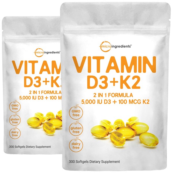 2 Pack Vitamin D3 5000IU Plus K2, 2 in 1 Formula, Vitamin D3 Liquid with Vitamin K2, 300 Soft-Gels, Immune Vitamin Complex with Virgin Sunflower Seed Oil, Support Your Heart, Teeth & Joint Health