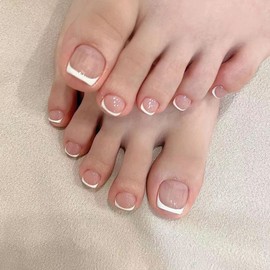 Boloshine 24Pcs Press on Toe Nails, Short Square False Toenails French Tip Toe Nails, Glossy Full Cover Stick on Toenails, Removable Summer Fake Toe Nails for Women and Girls - Silver Crescent