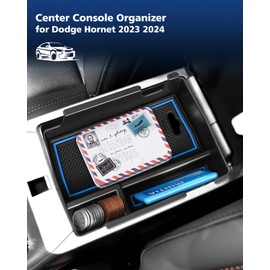 FIILINES Center Console Organizer for Dodge Hornet 2023 2024, Jeep Compass 2022-2024 Armrest Storage Box Accessories with Blue and Black Mats Black