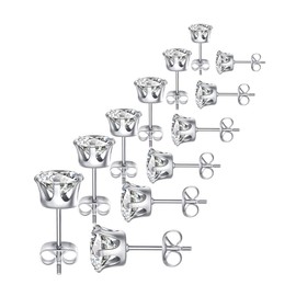 FOSIR Stainless Steel Stud Earrings for Women Men Hypoallergenic Cubic Zirconia Earrings Set, 3-8mm