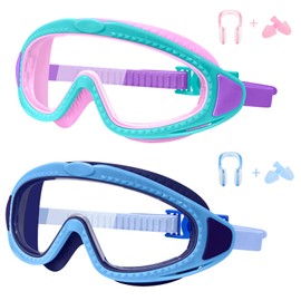 LYBHDAFA 2 Pack Kids Swim Goggles for 3-15 - HD Children's Large Frame Anti-Fog Pool Swimming Goggles for Boys Girls Toddler (Green Pink & Dark Blue)