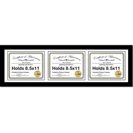 CreativePF [10x36bk-w] Black Horizontal 8.5x11 Triple Diploma Frame with 3 Opening White Mat, Holds 3 8.5x11 inch Documents with Wall Hanger