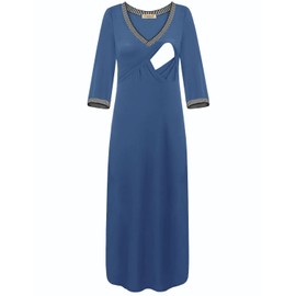 CzzzyL Maternity Nursing Dress Womens A Line Postpartum Striped Color Block V Neck Breastfeeding 3/4 Sleeve Mama with Pockets Blue,X-Large