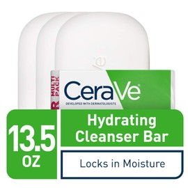CeraVe Hydrating Cleanser Bar, Soap-Free Body and Facial Cleanser with 5% Moisturizing Cream, Fragrance-Free, 3-Pack, 4.5 Ounce Each