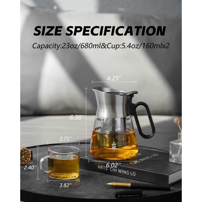 ZENS Design Glass Teapot with Infuser with 2 Cups, 23oz