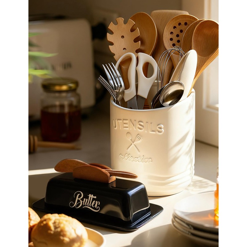 Black Butter Dish with Lid and Knife，Black Butter Tray，Ceramic Butter