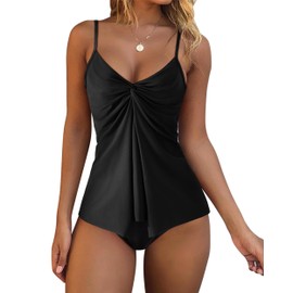RXRXCOCO Tummy Control Swimwear Women Twisted Knot Pleated Tankini V Neck Push up Bathing Suit 2 Piece Slimming Tankini Sets Black