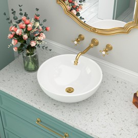 Beslend Round Bathroom Vessel Sink Bowl - 16x16 inch Modern Above Counter Sink White Porcelain Ceramic Art Basin