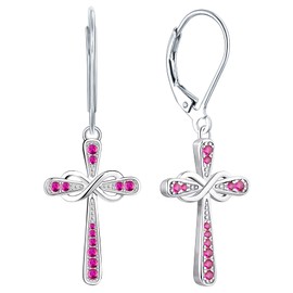 YL Cross Earrings Sterling Silver Infinity Dangle Drop Earrings Created Ruby Criss Leverback Jewelry