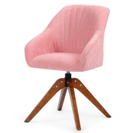 Athena Collection Swivel Modern Accent Chair, Linen Upholstered Armchair Office Desk Chair No Wheels with Wooden Legs, Comfy Vanity Chair Reading Chair for Bedroom Living Room Office, Pink