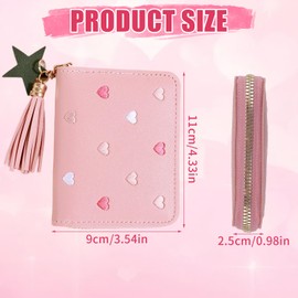Girls Purse, Cute Slim Short Kids Wallet with Embroidery Hearts, PU Leather Coins Pocket Purse with Tassel Zipper for Teens Girls Women Gift (Pink)