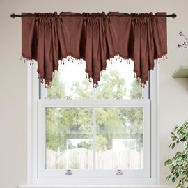 Molaxhome Valance Swag Curtain 51 Inch Scalloped Cloth Curtain Panels with Crystal Beads - Rod Pocket Farmhouse Window Treatment for Kitchen Bedroom 1pc Boho Chic Drape Decor 021Coffee