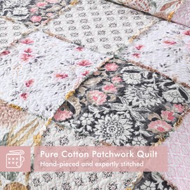 Etwel Queen Quilt Bedding Set Patchwork, Cotton Bedspread Coverlet Lightweight, Floragrid Pink Comforter for All Season, Sage Soft Reversible Bed Cover with 2 Pillow Shams