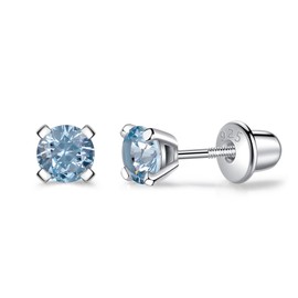 925 Sterling Silver Earrings Stud with Screwback Cubic Zirconia for Women Earring With Screw Backs CZ Hypoallergenic (CZ-Light Blue)