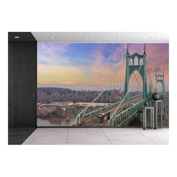 wall26 - St Johns Bridge in Portland Oregon Over Willamette River with Mt St Helens View - Removable Wall Mural | Self-Adhesive Large Wallpaper - 66x96 inches