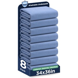 Washable Bed Pads 34" x 36" - 8 Pack, Blue, Waterproof Bed Pads for Incontinence, Bed Wetting Pads for Bed, Sofa, Floor, Resuable Underpads for Adults, Seniors, Pet