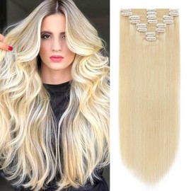 S-noilite Clip-In Real Hair Extensions, Bleach Blonde, Remy Human Hair, 75 g, 55 cm, Thin Wefts, 8 Wefts, #613