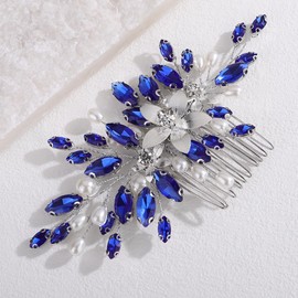 Lenjicons Elegant Flower Rhinestone Hair Comb Faux Pearls Rhinestone Wedding Headpiece Luxuries Crystal Beads Bridal Hair Comb Wedding Hair Accessories for Women (blue)
