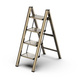 GameGem 4 Step Ladder, Aluminum Folding Step Stool with Anti-Slip Sturdy and Wide Pedal, Lightweight Portable Stepladder for Home and Kitchen Use, Gold, 330 lbs