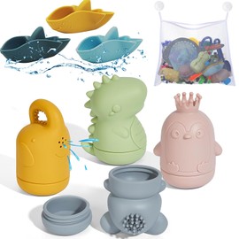 ATAUSD 8 Stück Badewannenspielzeug, Badespielzeug Baby Silikon Badewanne Spielzeug Badewannenspielzeug Boot Wasserspielzeug mit Aufbewahrungstasche, Geschenke für Baby Kleinkinder ab 6 Monate 1 Jahr
