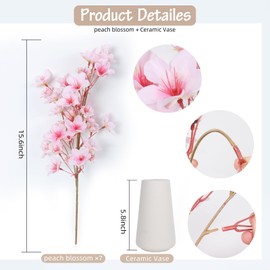 RECUTMS Artificial Cherry Blossom 7Pcs with Ceramic Vase Fake Flower Decor for Home Garden Wedding Party Faux Silk Bouquet Peach Floral Valentines Mother's Day Table Centerpieces(Pink)
