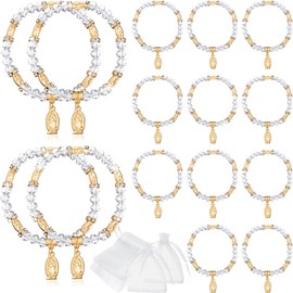 MTLEE 15 Packs Baptism Favors Set Rosary Bead Bracelet Catholic Bracelets Recuerdos De Bautizo Crystal First Communion Gifts with Organza Bags for Baby Shower Weddings Party Thanksgiving(Gold)