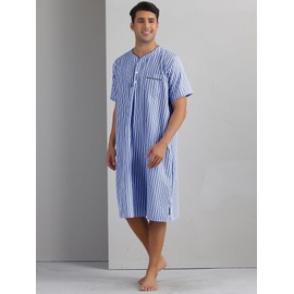 Lars Amadeus Dark Blue Striped Nightshirts for Men's Short Sleeve Button Down Sleep Shirts V-Neck Stripes Nightgown Large