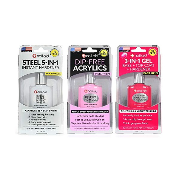 Nail-Aid 3pk Of Steel Hardener + Dip-free Acrylics + 3-in-1 Gel Top Coat, French Sheer, N/A, 1.65 Fl Ounce