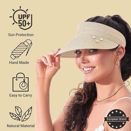 Hymisul Sun Hat for Women Summer Beach Hats Wide Brim Straw Visor Hat for Travel Vacation, Foldable, Adjustable, Roll-up (Beige)