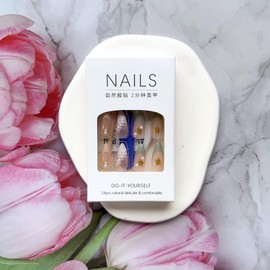 French Tip Press on Nails Summer Fake Nails Full Cover Almond False Nails with 3D Sea Stars Pearls Design Glossy Aurora Blue White Nail Tips Acrylic Nails Beach Ocean Stick on Nails for Women Girls