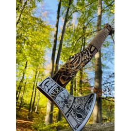 Hand-Forged Viking Bearded Axe – Carbon Steel Blade with Ash Wood Handle | Norse Throwing Hatchet for Camping, Hunting, Gifts & Collectors | Includes Leather Sheath