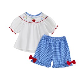 Sprifallbaby Baby Girl Back to School Outfit First Day of School Smocked Shirt Plaid Shorts Set Toddler Kindergarten Clothes (White, 2-3T)