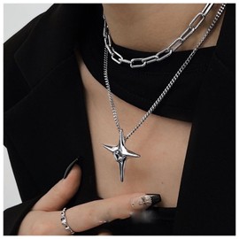 Dervivea Punk Layered Star Choker Necklace Crystal Star Pendant Necklace Chunky Paper Clip Chain Necklace Silver Cross Necklace Jewellery for Women and Girls
