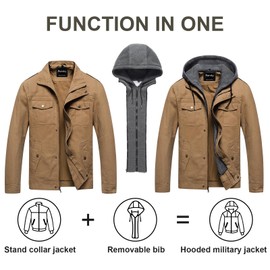 Pursky Men's Military Jacket With Removable Hood, Stand Collar Spring and Autumn Casual Cotton Coat Khaki 2XL