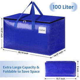 EpicTotes Moving Bags, Storage Bags with Sturdy Handles and Heavy Duty Zippers, Storage Totes for Space Saving, Moving & Storage, Collapsible Moving Supplies(100L, 8-Pack, Blue)