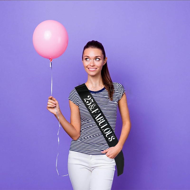 PANBINN 25 & Fabulous Birthday Sash, Silver Foil Black Satin