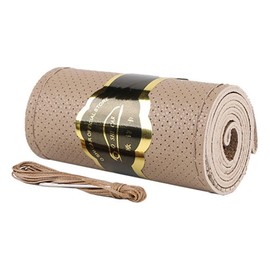 O SHI CAR - Funda de piel genuino antideslizante, diseño suave y cómodo, cosido a mano, para volante de coche, universal, 14.5-15.1 pulgadas (beige, tipo universal de 14.5-15.1 pulgadas)